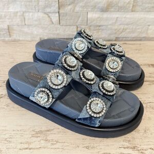 Kurt Geiger London Orson Denim Crystal Jewel Stud Ornament Slide Sandals Size 38
